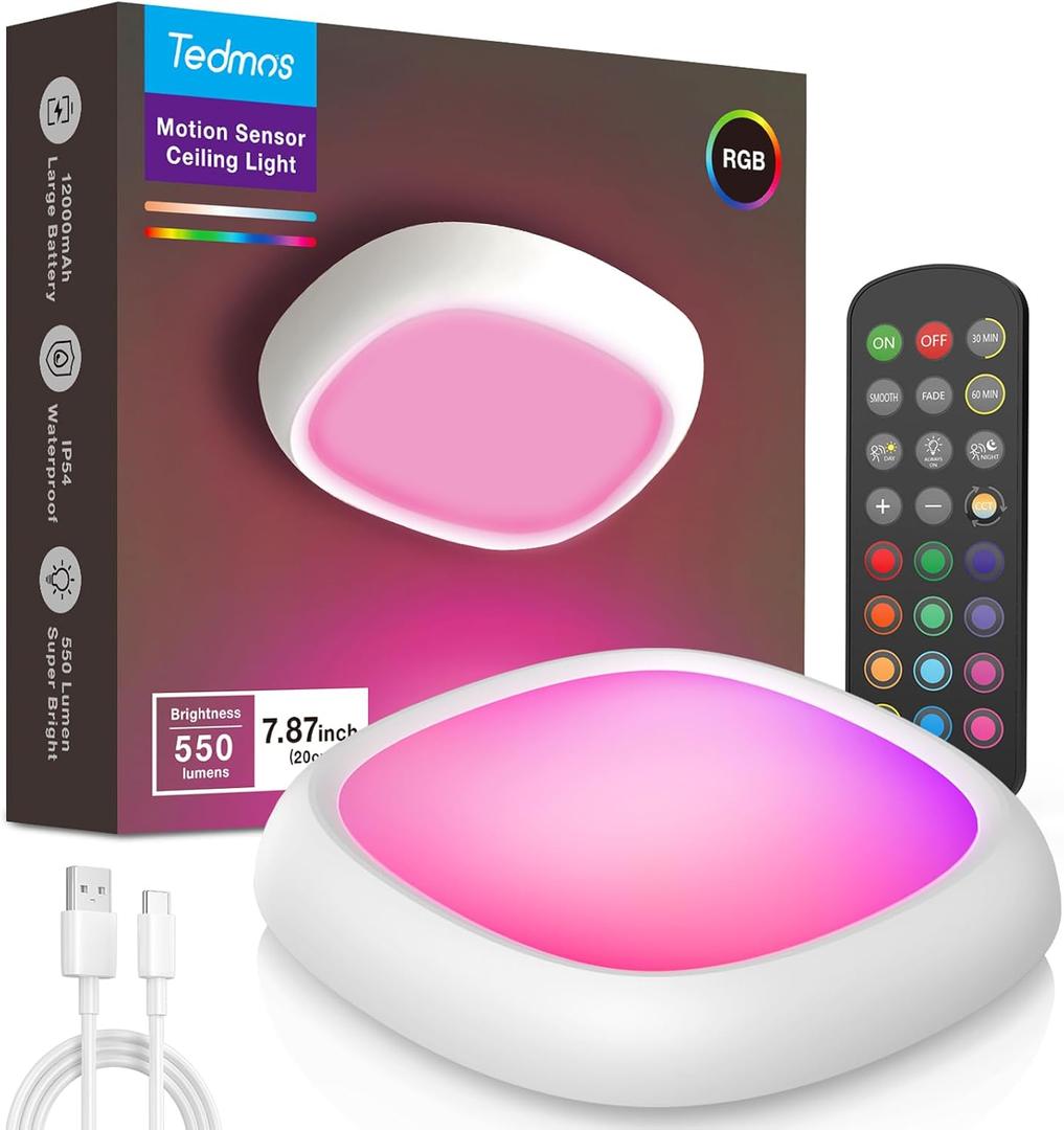 Rechargeable Shower Lights for Inside Shower, 12000mAh Motion Sensor Wireless RGB Ceiling Light with Remote No Wiring, Battery Operated Closet Lights Cordless LED Overhead Lighting for Bathroom (White)