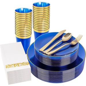 YOUBET 175PCS Clear Blue Plastic Plates - Blue and Gold Disposable Plates Include 50 Plate, 75 Silverware, 25 Cups, 25 Napkins for Wedding & Party