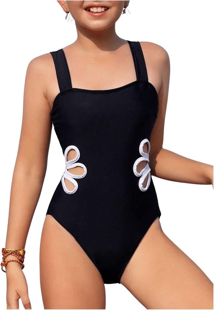 SHENHE Girl's Colorblock Cut Out One Piece Swimsuit Beach Sports Swimwear Bathing Suit Black 10Y