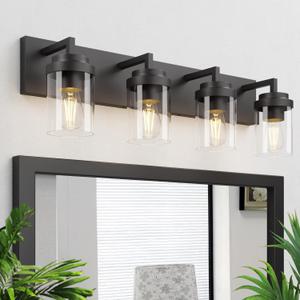 Bathroom Vanity Light, 4 Light Matte Black Vanity Light with Clear Glass Shade, 30in Farmhouse Vanity Light, Bathroom Lighting Fixtures Over Mirror for Bathroom