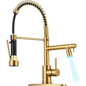 LED Kitchen Faucet with Pull Down Sprayer - Brushed Gold Single Handle Commercial Kitchen Faucets, 2-Spout Kitchen Sink Faucet, Stainless Steel Spring Pull Out Sink Faucet 1/3 Hole