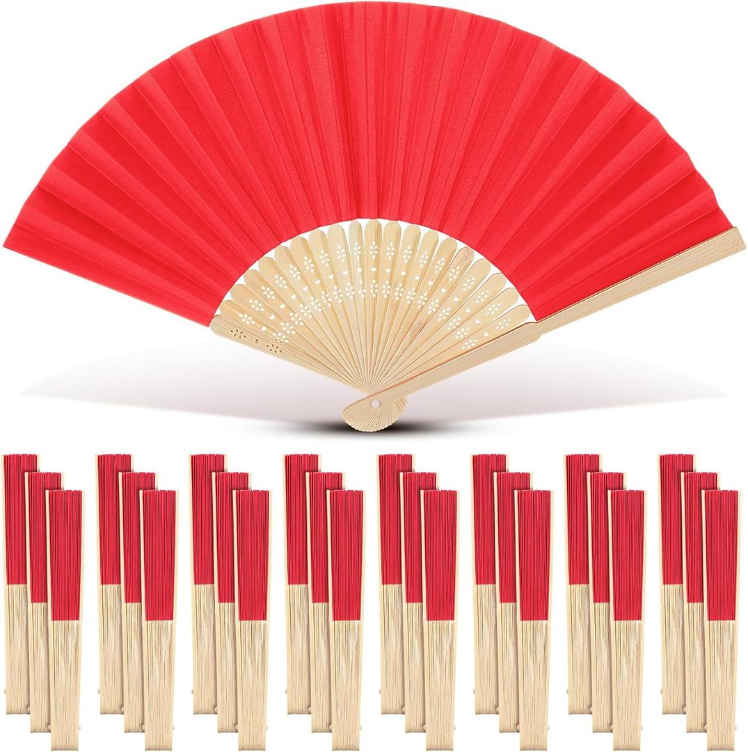 Yinkin 24 Pack Folding Fans Bamboo Handheld Folded Craft Hand Japanese Chinese Fans for Weddings Bridal Dancing Church DIY Decoration Women Kids Gift Party Favors (Red)