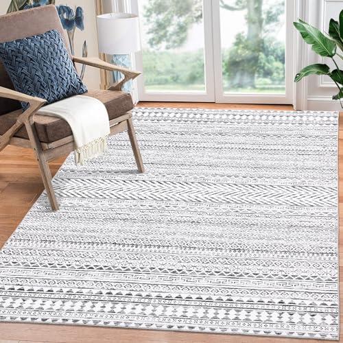 RUGSREAL 9x12 Area Rug Large Living Room Geometric Rug Washable Bedroom Carpet Stain Resistant Dining Room Throw Carpet Non Slip Low Pile Farmhouse Accent Rug for Office Home Decor, Grey