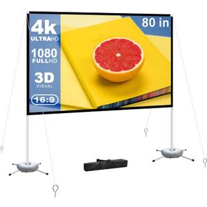 Projector Screen Portable Outdoor Movie: Projection Screens Stand 4K Cinema 80 inch for Camping White