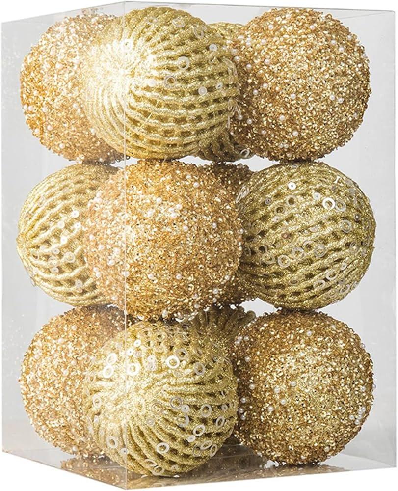 3.15" Christmas Ball Ornaments Glitter Shatterproof Christmas Tree Ornaments Sequin Xmas Hanging Balls Decorations for Wedding Party Holiday(Gold, 12pc-8cm)