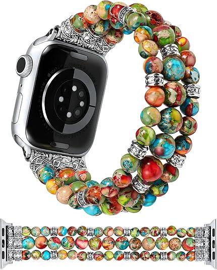 Moolia Stretch Natural Stone Strap Compatible with Apple Watch Bands 40/42/41/38mm Women, Jasper Handmade Bracelet Boho Beaded Band for iWatch Series 11 10 9 8 7 6 5 4 3 SE/Ultra 3 2 1, Vineyard Jasper
