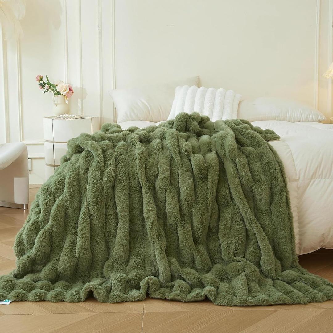 MEGO Fluffy Faux Rabbit Fur Throw, Cozy Wide Stripe Plush Fuzzy Blanket for Bed Couch Sofa Chair, Moss Green Shaggy Throw Bedroom Living Room, Furry Blanket for Kids Girls Adults, 50x60, Sage Green