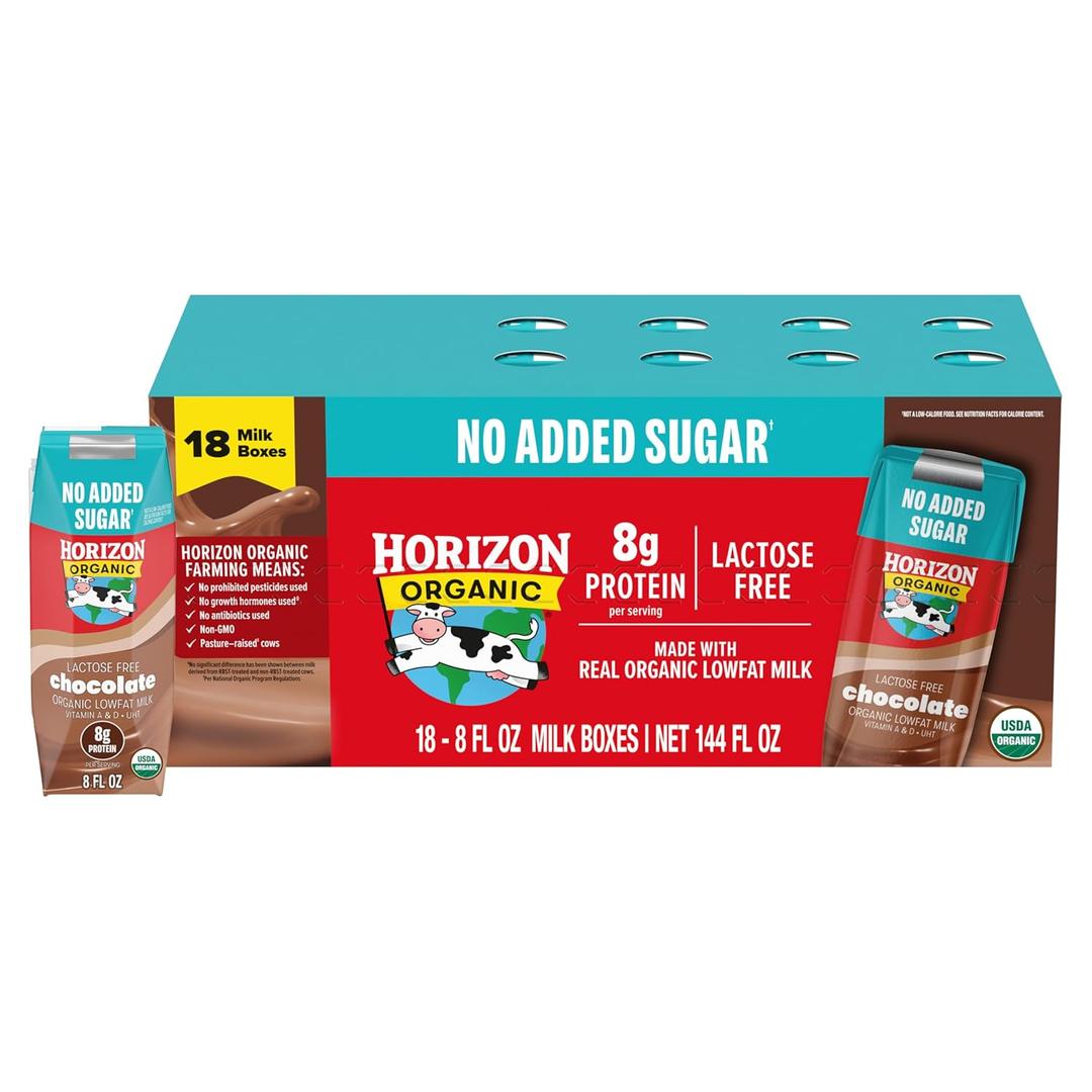 NEW Horizon Organic Shelf Stable No Added Sugar Lactose Free 1% Lowfat Chocolate Milk Boxes, Pack of 18-8g Protein per Serving (EXP 08/03/26)
