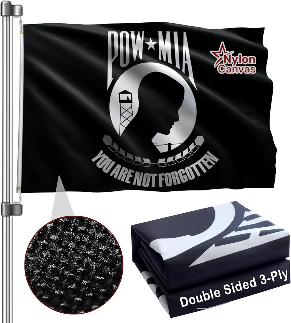 Pow Mia Flag 3x5 Ft Double Sided 3Ply Heavy Duty Nylon Canvas With Brass Grommets You Not Forgotten Military Banner Vivid Color UV protection Fade Resistant for Indoor Outdoor