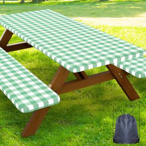 Smiry 5FT Picnic Table Cover with Bench Covers, Elastic Fitted Tablecloth | Waterproof Washable Rectangle Tablecloths ,Buffalo Plaid Tablecloth for Dining, Camping (Sage Green & White, 30" x 60")