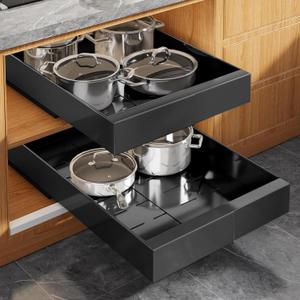 Seinloes 2 Pack Expandable Pull Out Cabinet Organizer 21" Deep with Raising Pad for Framed Cabinets,Upgrade 3 Slide Rails Slide Out Drawers,Roll Out Shelves Adhesive,Adjustable Width 9"-14.1" Black