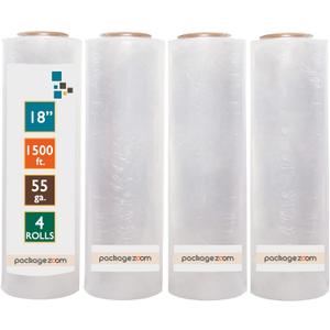 PackageZoom 4 Rolls 18" x 1500 Ft Stretch Wrap Heavy Duty, Industrial Strength Shrink Wrap, 55 Gauge High Performance Stretch Film Replaces 80 Gauge Low Films, Clear Hand Stretch Wrap (18" wide x 1500 ft x 4 Rolls)