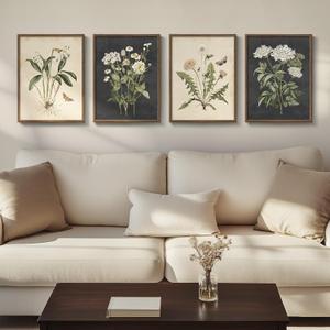 Framed Botanical Wall Art for Living Room, 4 Piece Rustic Floral Canvas Paintings Prints ArtWork for Walls, Vintage Flower Butterfly Pictures for Farmhouse Dining Room Hallway Bedroom Kitchen Bathroom Wall Decor