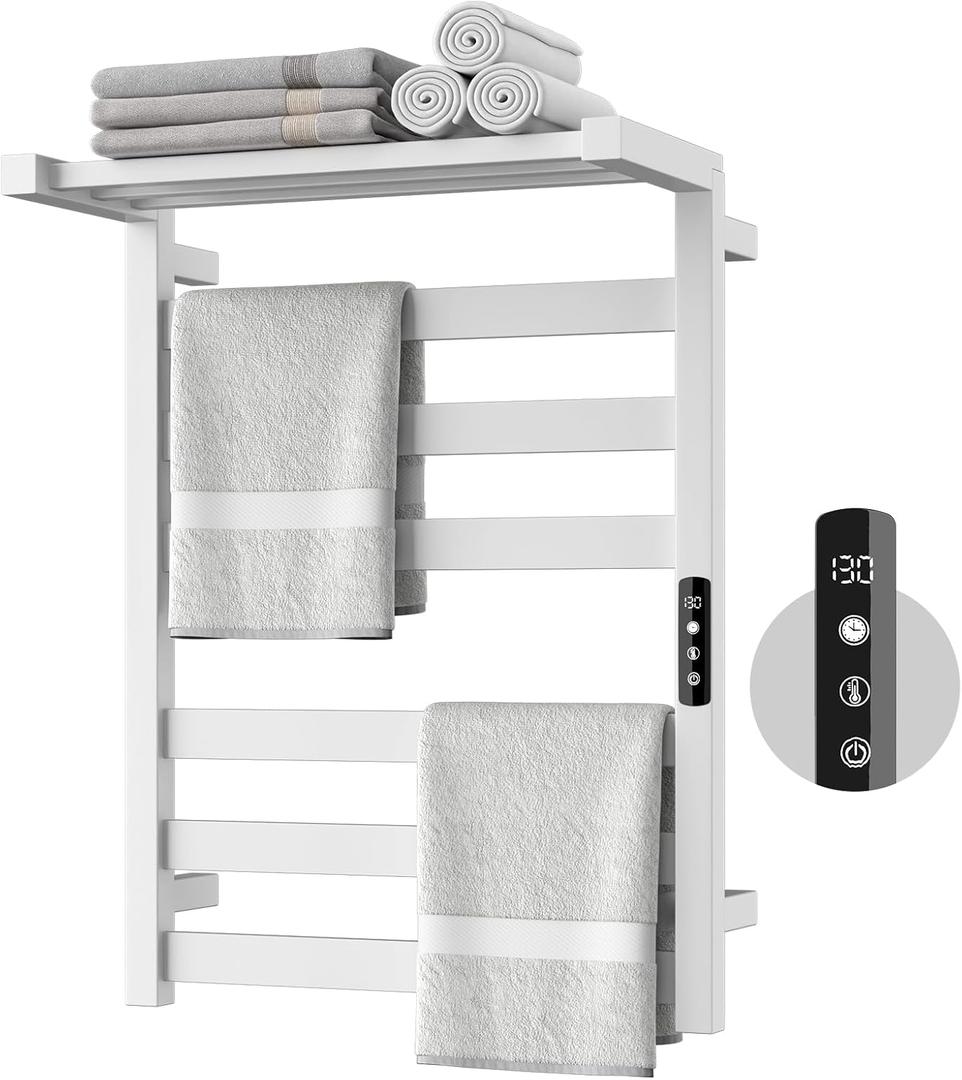Tower Warmer Rack, 6 Bars Stainless Steel Wall Mounted Electric Heated Towel Rack for Bathroom, Built-in Timer, Hard-Wired & Plug in, Glossy Black (White)