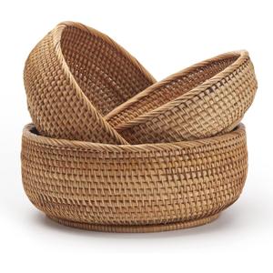 Round Rattan Fruit Baskets Woven Storage Bowls Key Holder Stackable for Shelf Kitchen Tabletop Natural Set of 3