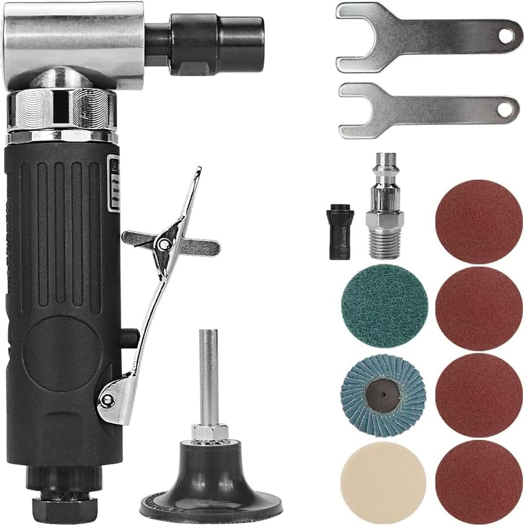 BAIWEN 1/4" Right Angle Air Die Grinder - 90 Degree Heavy Duty 20,000 RPM Compressed Sander Polisher Tool for Contour Grinding, Polishing, Milling, Cutting (Black Die Grinder Set)