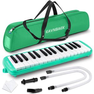 Eavnbaek 32 Keys Melodica Instrument, Soprano Melodica Air Piano Keyboard Pianica with 2 Soft Long Tubes, 2 Short Mouthpieces and Carrying Bag (Green)