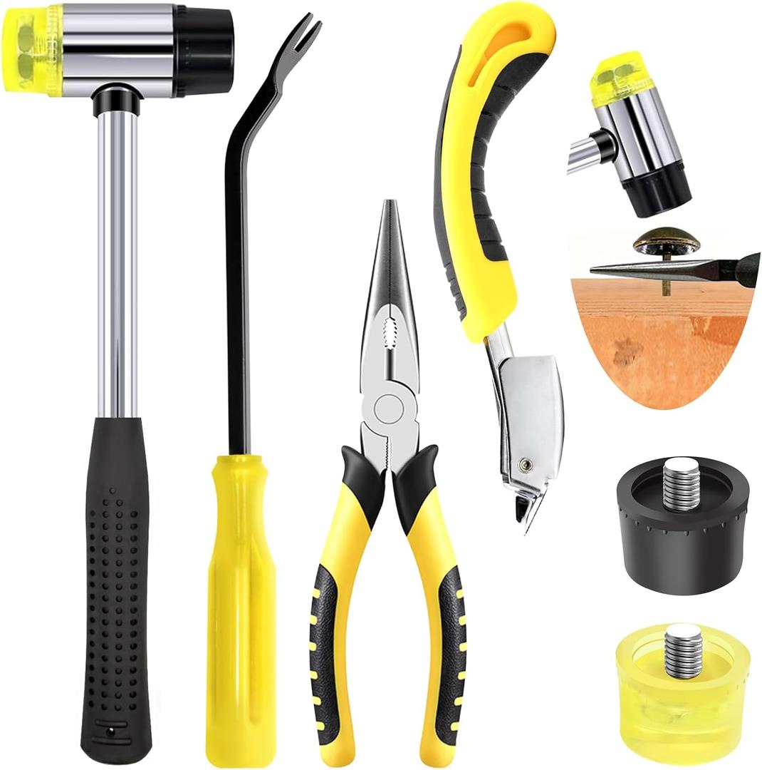 6 Pcs Upholstery Remove & Install Tools Kit Contains Rubber Mallet Hammer with 2PCS Replacement Head, Nail Tack Remover, Staple Tack Lifter and Removal Pliers for Furniture Floor Jewelry