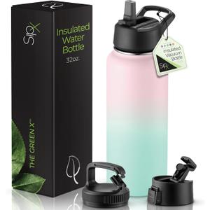 SipX 32 oz Insulated Water Bottle with 3 Lids Leakproof Stainless Steel, Triple Insulated Cold 24 Hours/Hot 12 Hours Durable Bottle for School, Gym, Travel Gradient Mint Pink