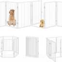 Vantas Folding No-Assembly Metal Pet Gate 120" Wide, 32" Extra Tall Dog Gate with Door Walk Through, Freestanding Accordion Puppy Gate Dog Door for Indoor & Outdoor, with 2PCS Support - White