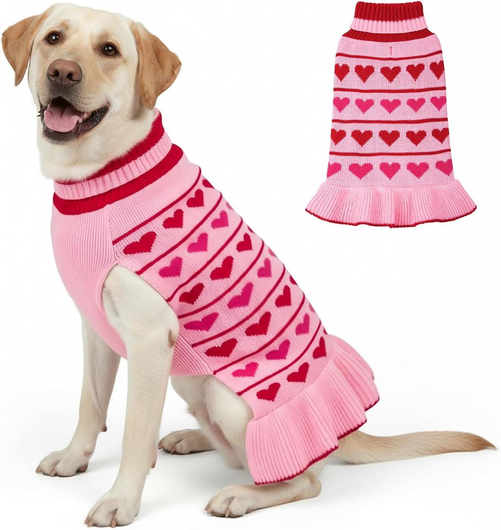 KYEESE Valentines Dog Sweater, Stretchy Dog Sweaters for Large Dogs, Soft Turtleneck Medium Large Dogs Sweater, Warm Pet Sweaters Dress with Heart Print, Comfy Pet Clothes Coat with Leash Hole, 2XL (XX-Large(35-60lbs), 00# Red Love Design)