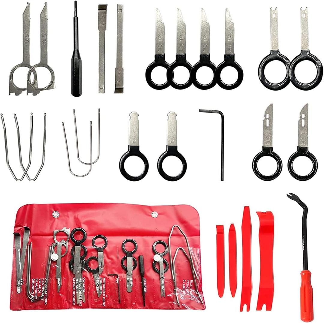 AFA Tooling - Radio Removal Tool Kit, 20 Stereo DIN Release Keys, 4 Nylon Trim Pry Tools, 9" Fastener Remover, Car Audio Head Unit Puller for Ford, VW, Audi, Mercedes, CD Player Dash Panel Removal