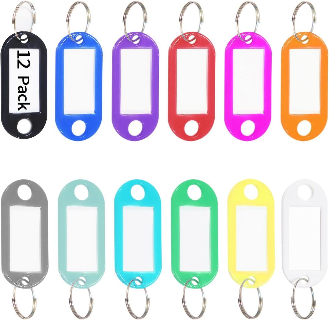 12 Pack Plastic Key Tags with Ring and Label Window, Key Labels Key Chain Name Tags ID Tags/Identifiers for Luggage, Bags, Suitcases, Backpack, 12 - Colors