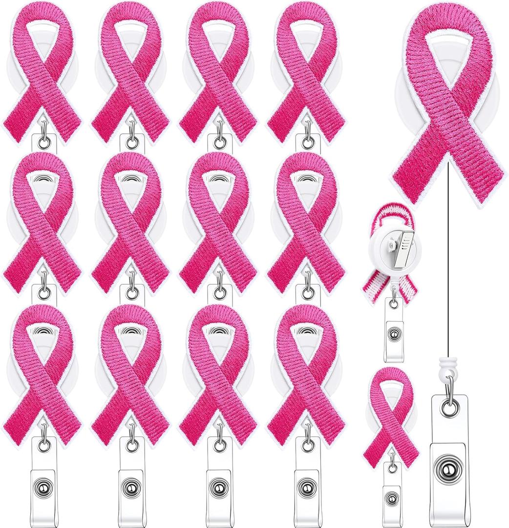 Skyygemm 12 Pcs Breast Cancer Awareness Badge Reels Pink Ribbons Felt Retractable Badge Holder with Alligator Clip for Nursing ID Name Tag Card, Office Nurse, Medical Assistant Student Doctor