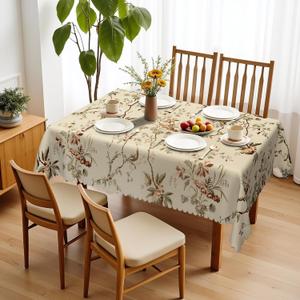 Spring Boho Farmhouse Vintage Floral Botanical Polyester Rectangle Tablecloth Table Cloth Waterproof Wipeable Wrinkle Free Oblong Tablecloth for Kitchen Dining Patio, 60 x 84 Inch, Beige