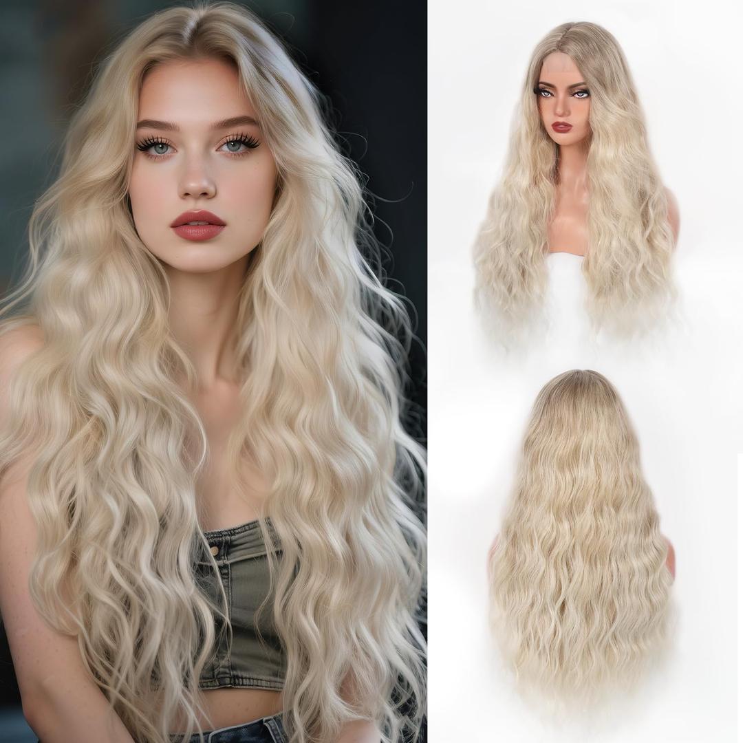 Ombre Ash Blonde Long Wavy Wig for Women 28 Inch Natural Wavy Middle Part Curly Wig Heat Resistant Fiber Synthetic Wig for Party Halloween Cosplay Dialy Use wig