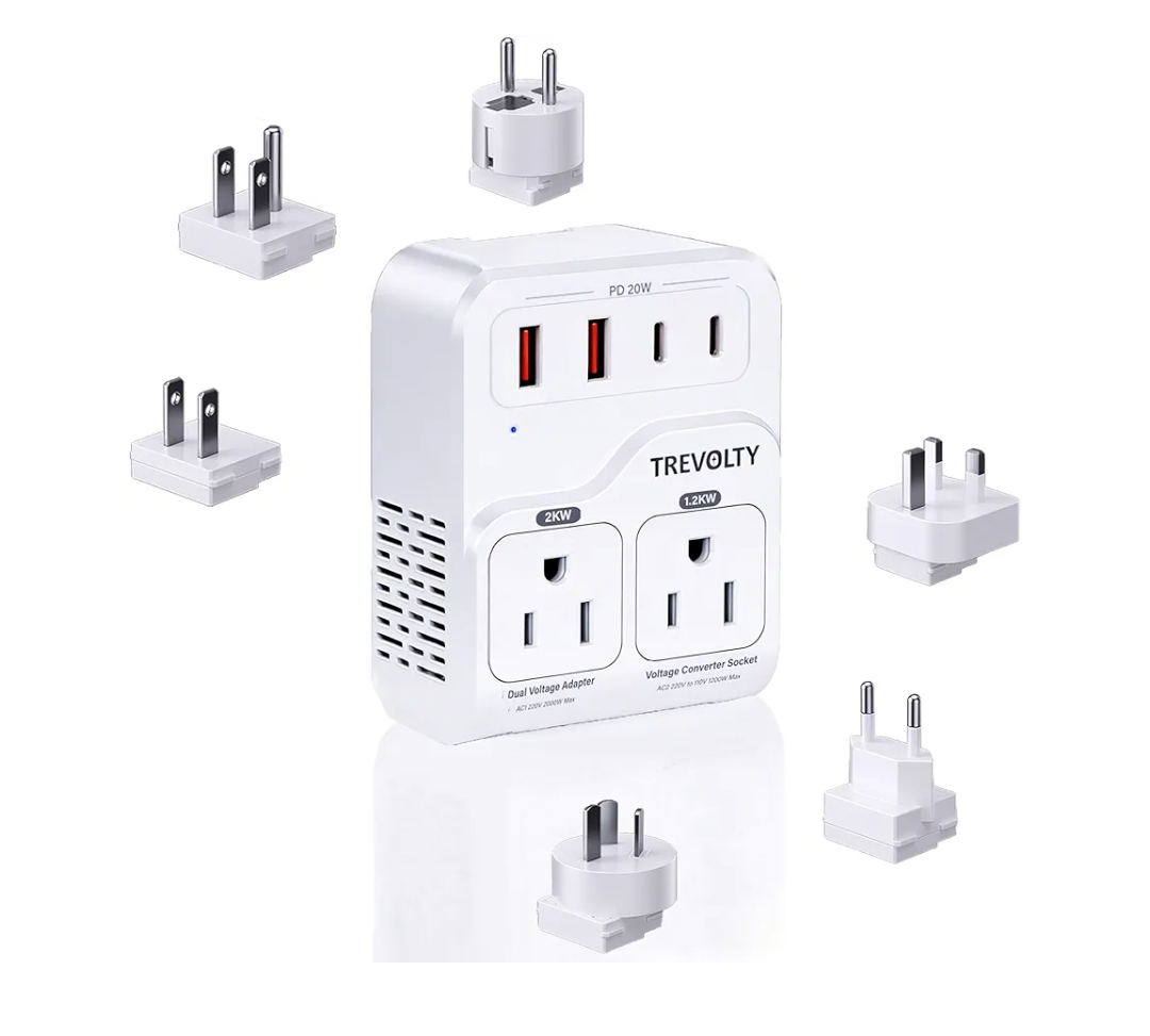 2000W Voltage Converter US to Europe for Hair Dryers, 7-in-1 220V to 110V Converter for European Travel with 3 AC/2 USBA/2 USBC Ports (PD20W), Universal Travel Adapter (White)