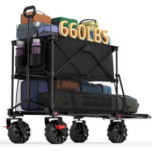 Portal Collapsible Large Double Decker Wagon with Brakes, 660lb Foldable Heavy Duty Utility Wagon Cart, 400L All-Terrain Big Wheels & 54" Extra Long Extender for Sports, Camping & Outdoor Use