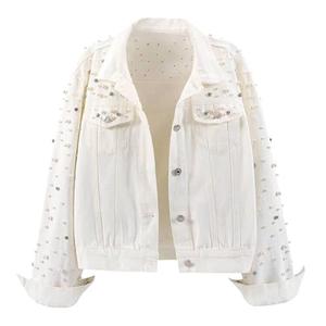 LifeShe Women's Pearls Denim Jacket Cropped Rhinestones Jean Jacket Coat, Large