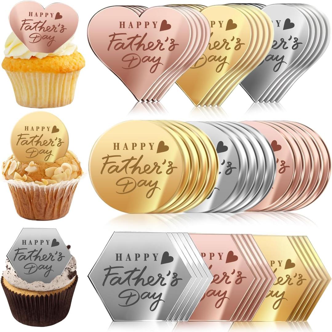 45PCS Happy Father's Day Cake Toppers, Mirror Acrylic Cupcake Toppers 3 Multi-shape & 3 Different Color Custom Cupcake Picks for Birthday Party Anniversary Pastries Decorations