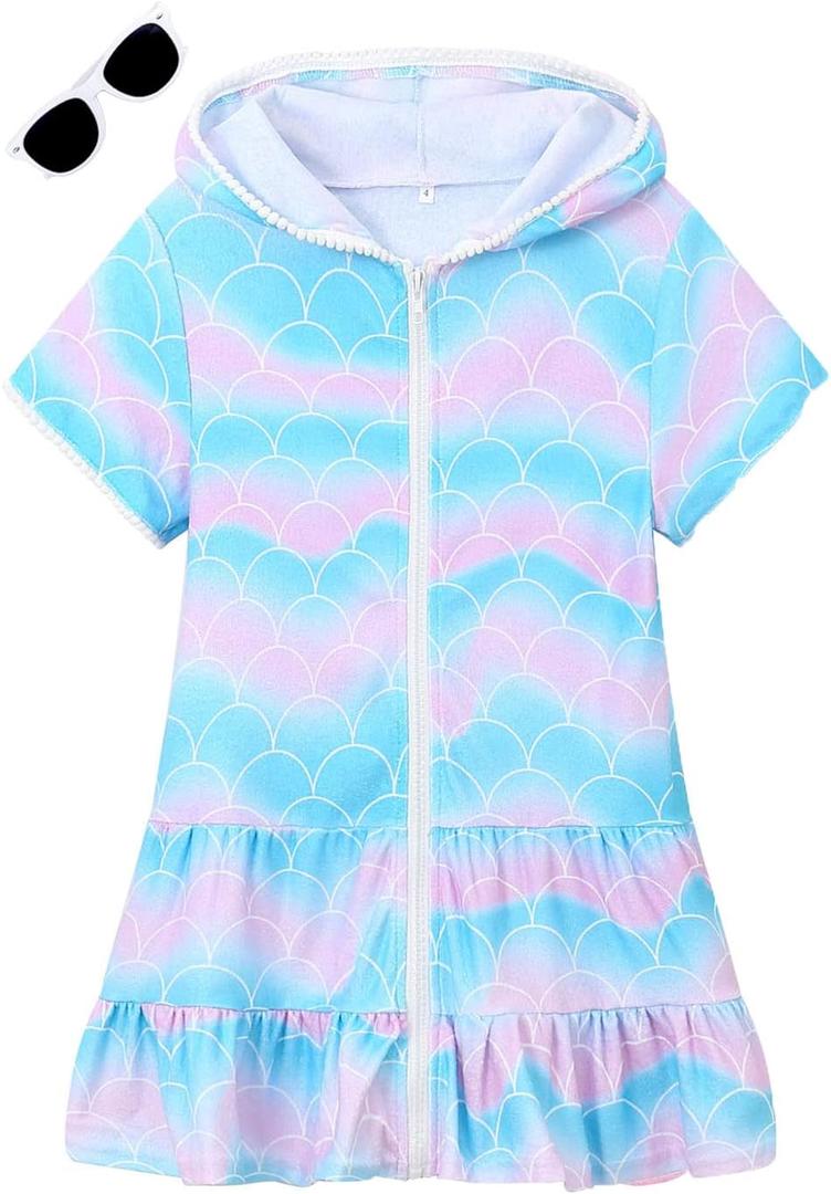 LUCKYGAL Girls Swim Cover Up Kids Swimsuit Coverup Terry Zip-Up Beach Bathing Suit Wraps with Sunglasses (4-5T, Mermaid)