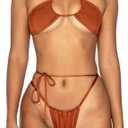 Women Cheeky Bikini Set Halter Thong Solid Color Adjustable Cinched String Two Piece Brazilian Swimsuit Triangle Bathing, M