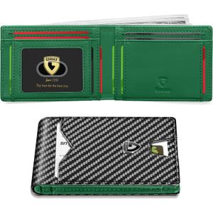 GSOIAX Mens Slim Wallet for Men Minimalist Genuine Leather Carbon Fiber Rfid Blocking Bifold Credit Card Holder With Gift Box (Green and Carbon Black)