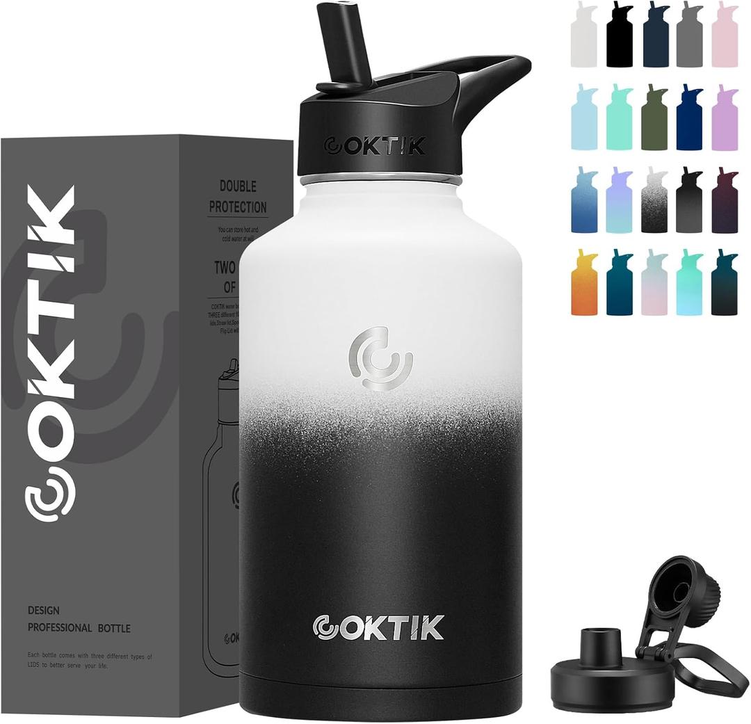 COKTIK 64 oz/Half Gallon Vacuum Insulated Jug, Double Walled Stainless Steel Sports Water Bottle with Reusable 2 Lids for Camping, Gym, Fitness or Office(Day & Night)
