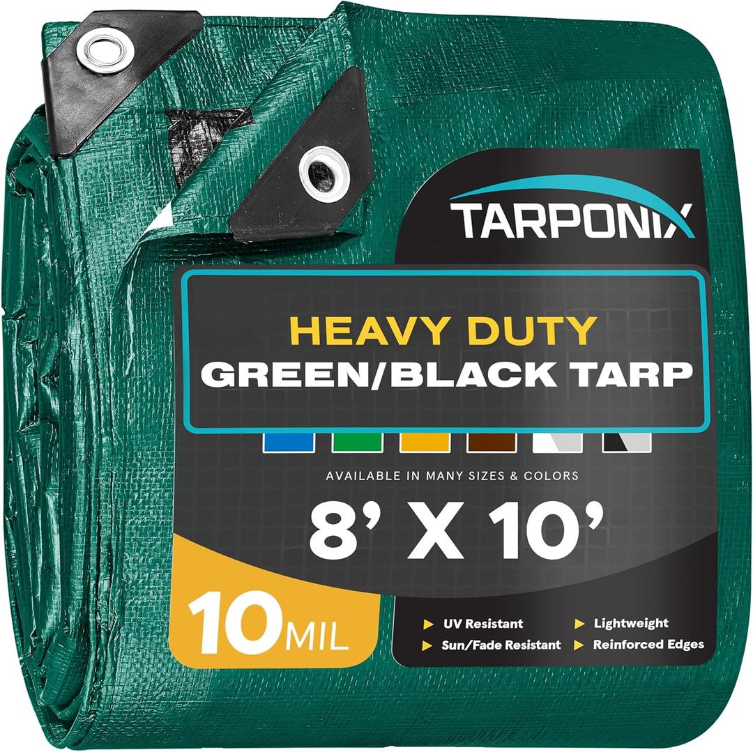 8' x 10' Dual-Sided Heavy-Duty Tarp  10 Mil Tear-Resistant Green & Black Cover with Reinforced Edges and Anti-Rust Grommets