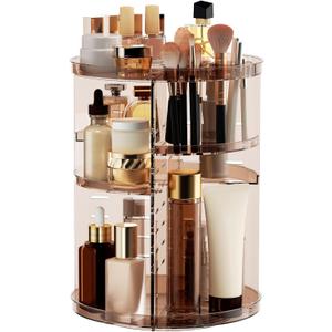 Rotating Makeup Organizer Countertop, DIY Adjustable Trays Spinning Skincare Organizers, Cosmetic Display Shelf with Perfume & Brush Holder, Multi-Function Desk Storage Carousel for Vanity Bathroom (Clear Coffee)