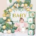 125PCS Sage Green Baby Shower Decorations - Retro Green and Gold Balloons Different Sizes, Green Baby Backdrop and Sage Green Baby Boxes for Gender Reveal, Birthday, Woodland Jungle Party