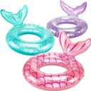 3 Pcs Inflatable Swimming Ring Mermaid Pool Float Tube Cute Swim Tubes Water Floats Kids Floaties for Outdoor Beach Swimming Pool Party Supplies, Pink, Blue, Purple