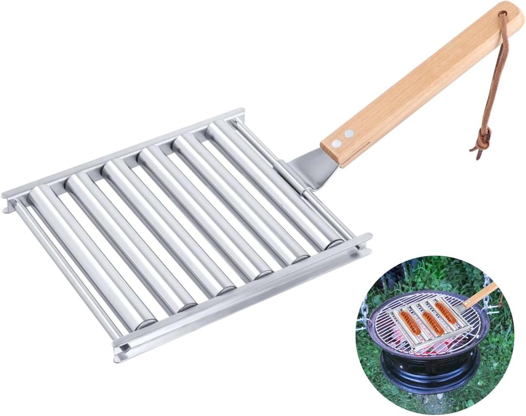 Hot Dog Roller for Grill 2Pcs - Stainless Steel Sausage Roller Rack with Extra Long Wood Handle, BBQ Hot Dog Griller for Evenly Cooked Hot Dogs, 5 Hot Dog Capacity, 6.5 x 5.5 Inch