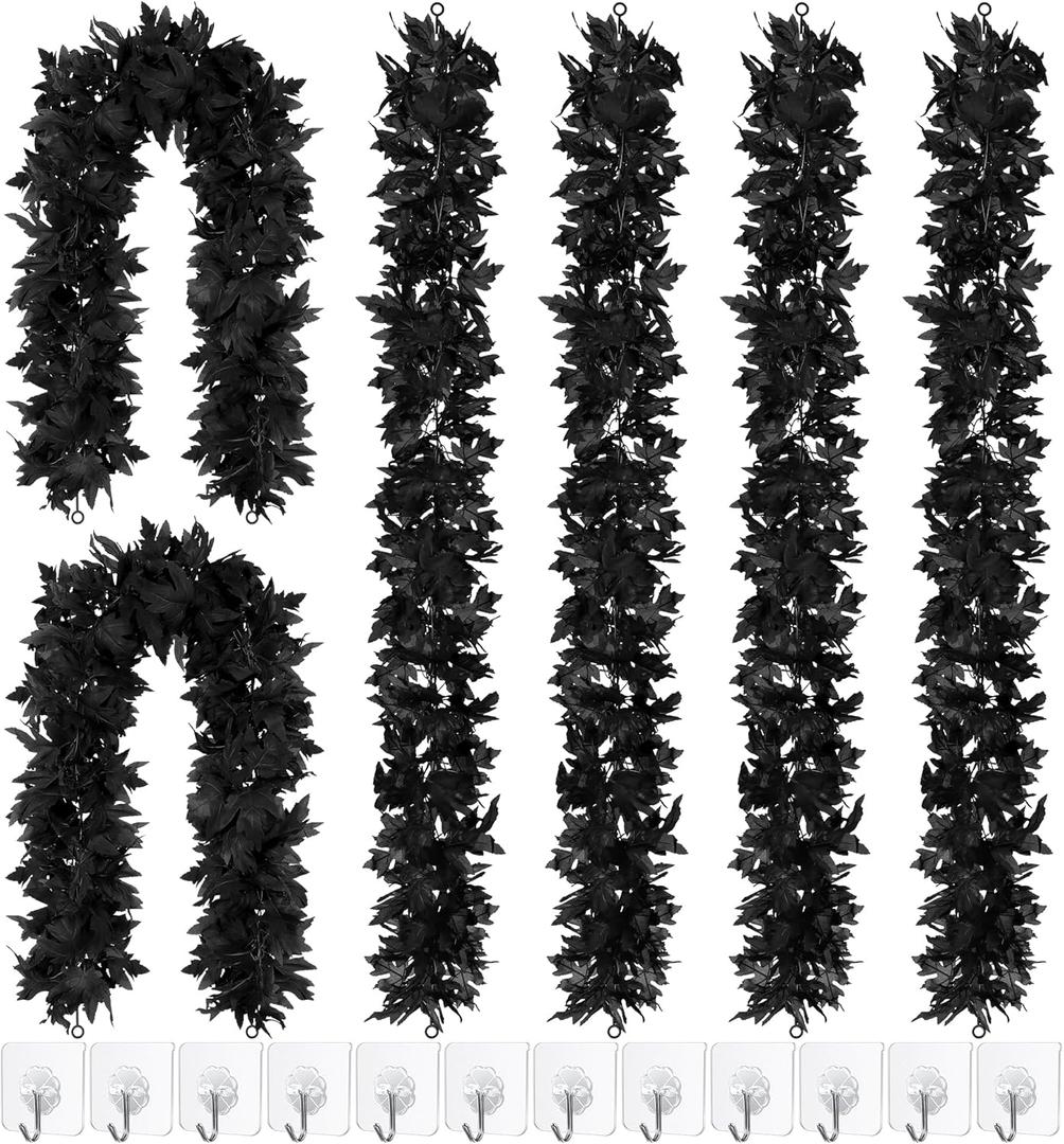 Fovths 6 Pack Halloween Black Fall Maple Garland Decorations 5.8 Feet Maple Leaf Garlands with Hooks Artificial Hanging Foliage Vine Garland for Autumn Halloween Thanksgiving Home Decorations