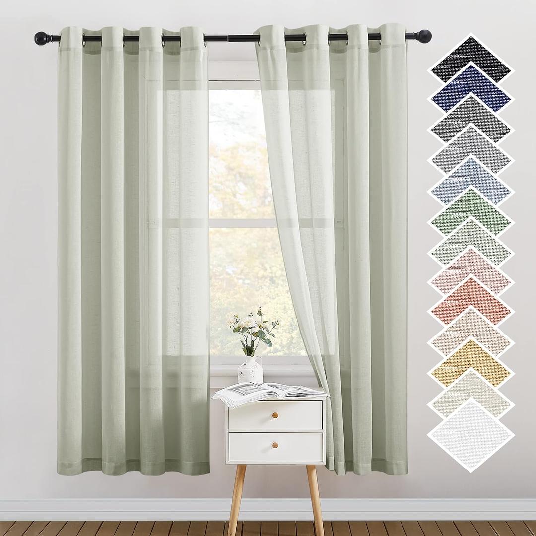 NICETOWN Flax Linen Sheer Curtains for Bedroom, Retro Grommet Top Linen Blend Semitransparent Privacy Window Treatment Light Filtering for Living Room, Sage Green, 52" W x 72" L, Set of 2