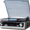 Vinyl Record Player, 3-Speed Vintage Turntable with Built-in Speakers and FM Radio, All-in-One Record Player for Vinyl with RCA Out & Headphone Jack, Black Wood