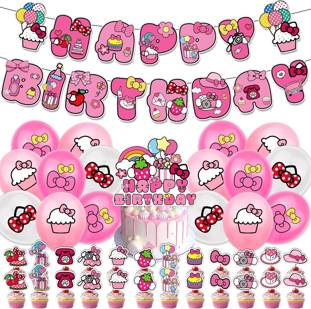Pink Cartoon Birthday Decorations for Girls, Cute Bow Theme Birthday Party Supplies with Happy Birthday Banner, 16pcs 12 Inch Balloons, 24 Cupcake Toppers, 1 Cake Topper, Kawaii Pink Party Decor