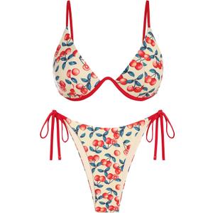 ZAFUL Women's Bikini Sets Ribbed Two Piece Swimsuits Underwire Adjustable Back Clasp Bathing Suit Side Tie Thong Swimwear (Cherry) S