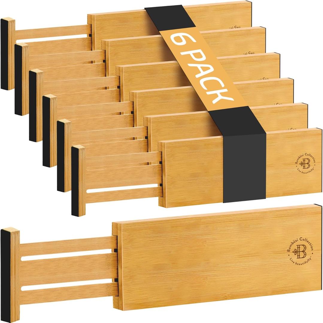 4 Pack Drawer Dividers 6 Inch High, 11”-17" Adjustable Bamboo Organizers Large Expandable Drawer Separators for Cloths, Dresser, Bedroom, Bathroom, Baby Drawer, Office & Kitchen Utensils (Natural)