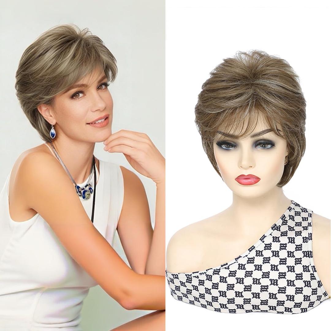 UDU Short Pixie Cut Wig for Older Women White Women, Natural Looking Short Layered Pixie Wig with Bangs, Lightweight Synthetic Short Hair Wig for Seniors, Easy Wear Daily Wig (Light Brown with Blonde Highlights)